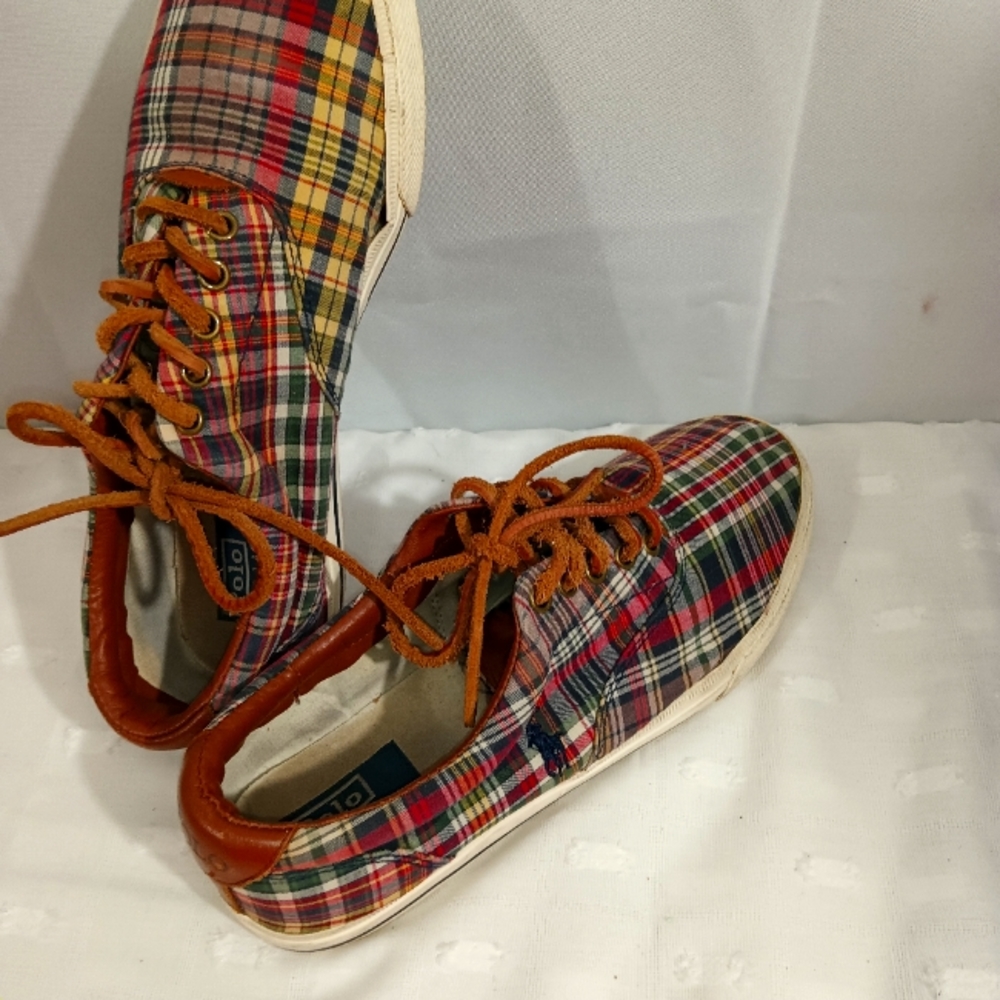 POLO Ralph Lauren Loafer Men 10.5 Thompson Plaid  Tie on Sneaker Multicolor
